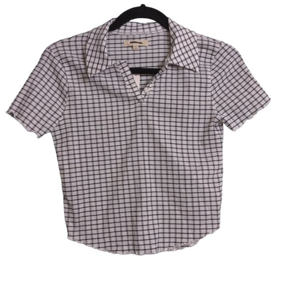 Madewell Windowpane Plaid Crinkle Polo Crop Top XS New - Picture 1 of 10